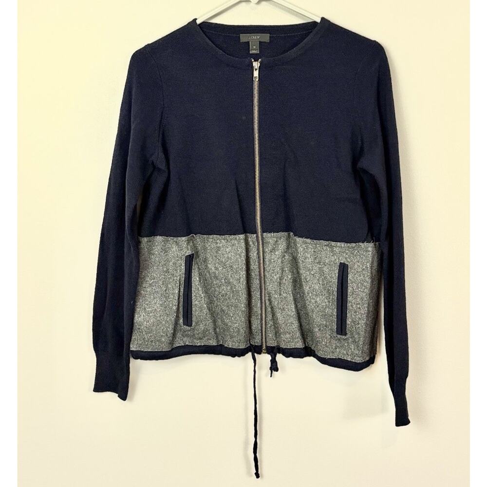 J.Crew Merino Wool Zip Jacket XS Navy Gray Colorblock Sweater Coat Womens Preppy